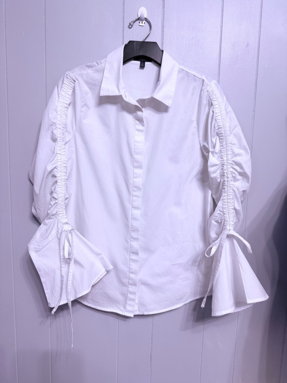 #15) 100% Cotton Madison White Button-Down Blouse with Ruched Sleeve Details